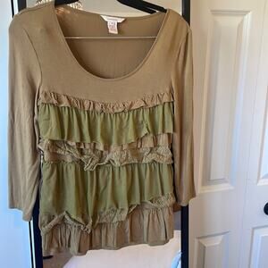 SUNDANCE Mustard Brown Ruffle Lace 3/4 Sleeve Boho Scoop-neck Pullover Top